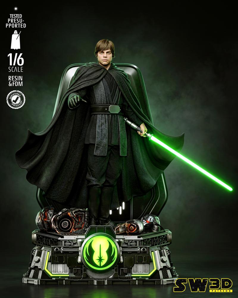 Luke Skywalker in a black hooded robe, holding a green lightsaber, standing on a detailed base with the Rebel Allianc...