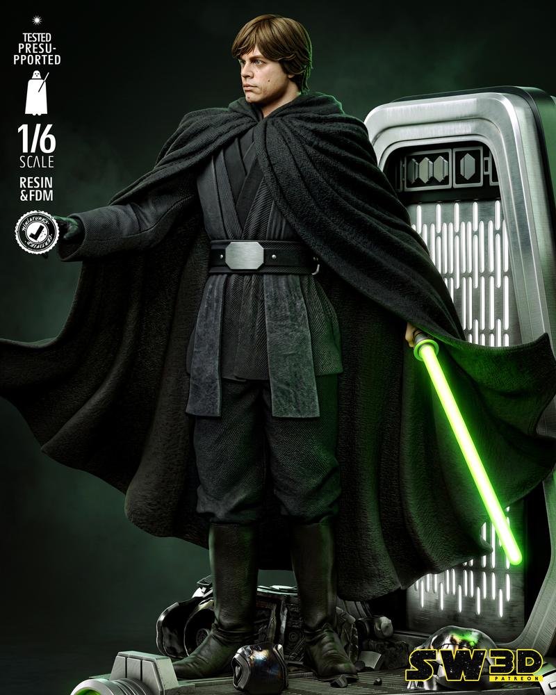 Luke Skywalker in a black hooded robe, holding a green lightsaber, standing on a detailed base with the Rebel Allianc...