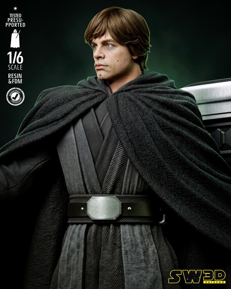 Luke Skywalker in a black hooded robe, holding a green lightsaber, standing on a detailed base with the Rebel Allianc...