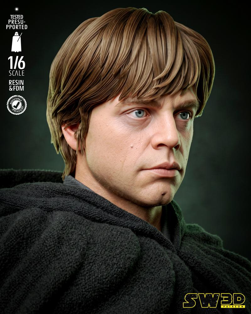 Luke Skywalker in a black hooded robe, holding a green lightsaber, standing on a detailed base with the Rebel Allianc...