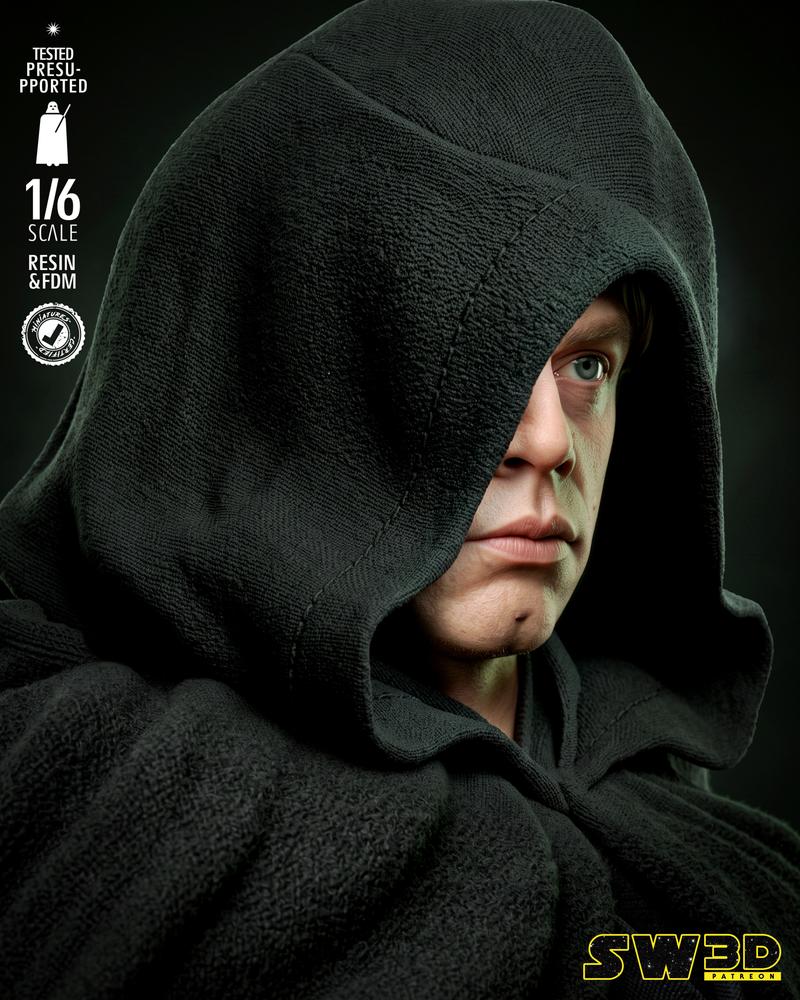 Luke Skywalker in a black hooded robe, holding a green lightsaber, standing on a detailed base with the Rebel Allianc...
