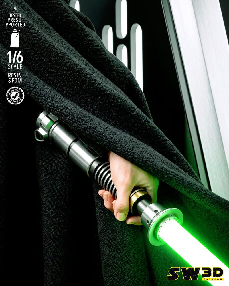Luke Skywalker in a black hooded robe, holding a green lightsaber, standing on a detailed base with the Rebel Allianc...