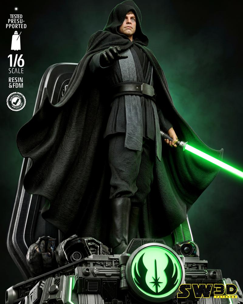Luke Skywalker in a black hooded robe, holding a green lightsaber, standing on a detailed base with the Rebel Allianc...