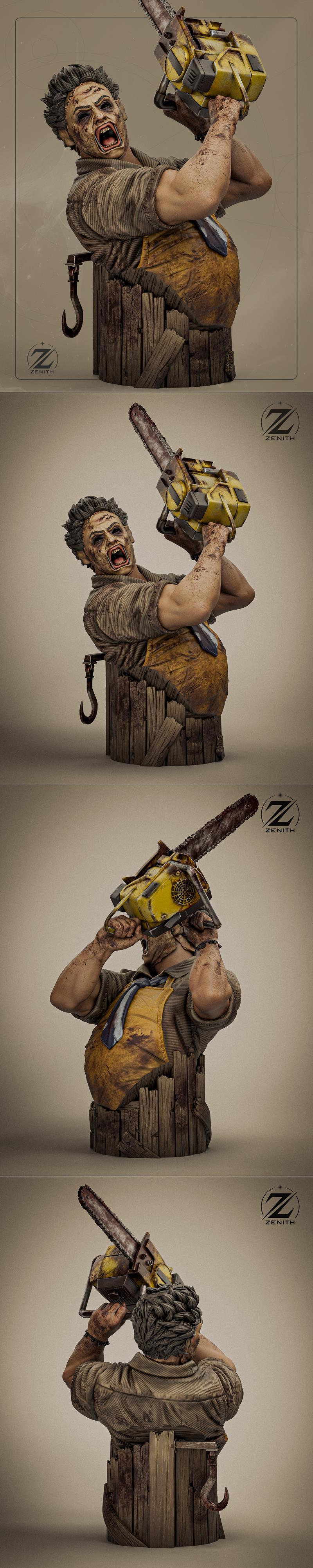 Leatherface bust with chainsaw raised, screaming, wearing a mask and apron, mounted on a wooden base.