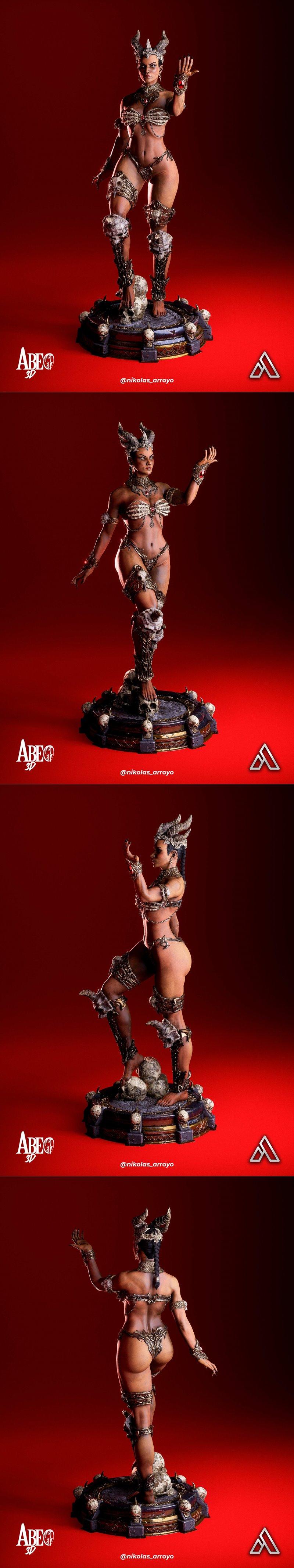 Queen of Damned 3D model with skeletal armor, horns, and a skull-adorned base.
