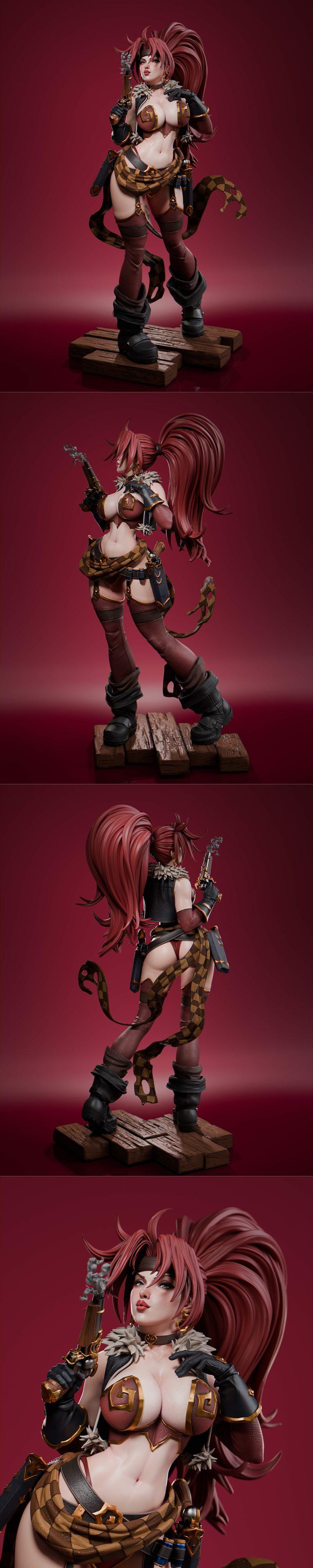 Red Monika from Battle Chasers, a female pirate with red hair, holding two pistols, wearing a revealing outfit and bo...