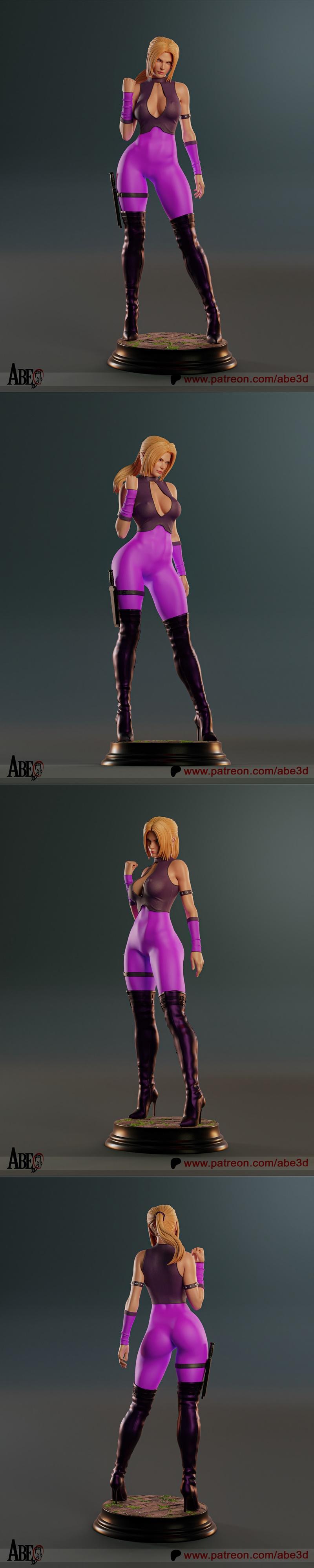 Nina Williams from Tekken, depicted as a 3D printable figure in a purple bodysuit and black thigh-high boots, standin...