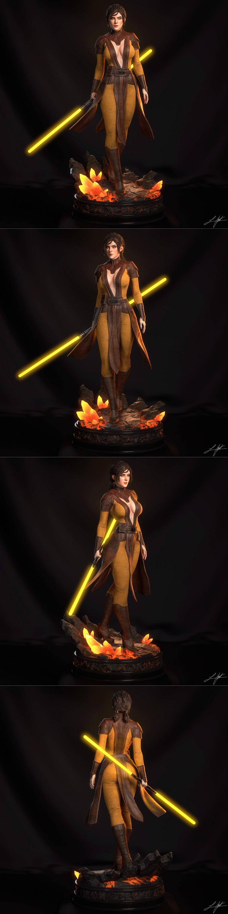 Bastila Shan from Star Wars, holding a yellow lightsaber, wearing a revealing Jedi outfit, standing on a rocky, cryst...