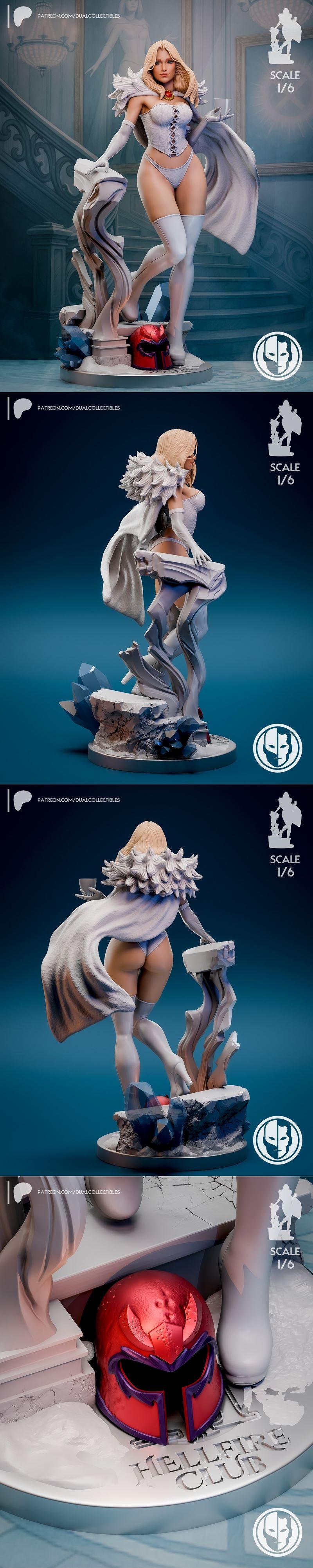 1/6 scale 3D print model of Emma Frost in a dynamic pose, wearing a white corset and cape, with Magneto's helmet and...