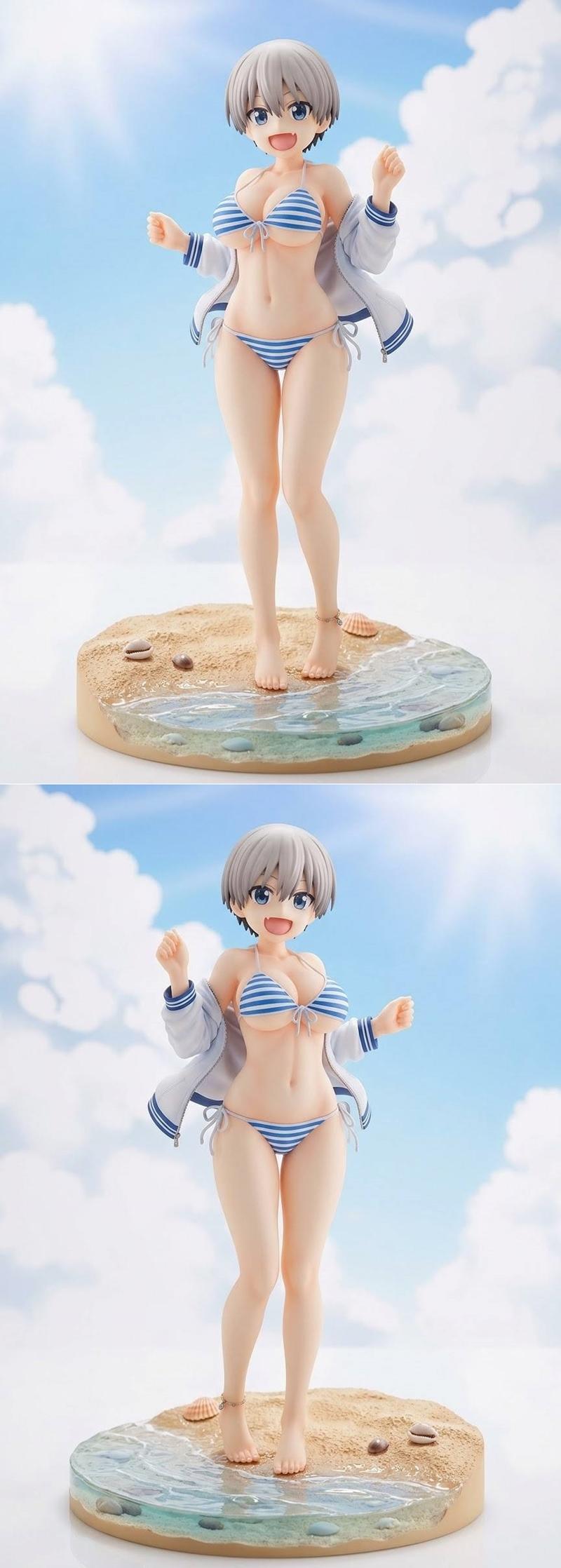 Uzaki Chan in a bikini and open jacket standing on a beach diorama base with waves and seashells.