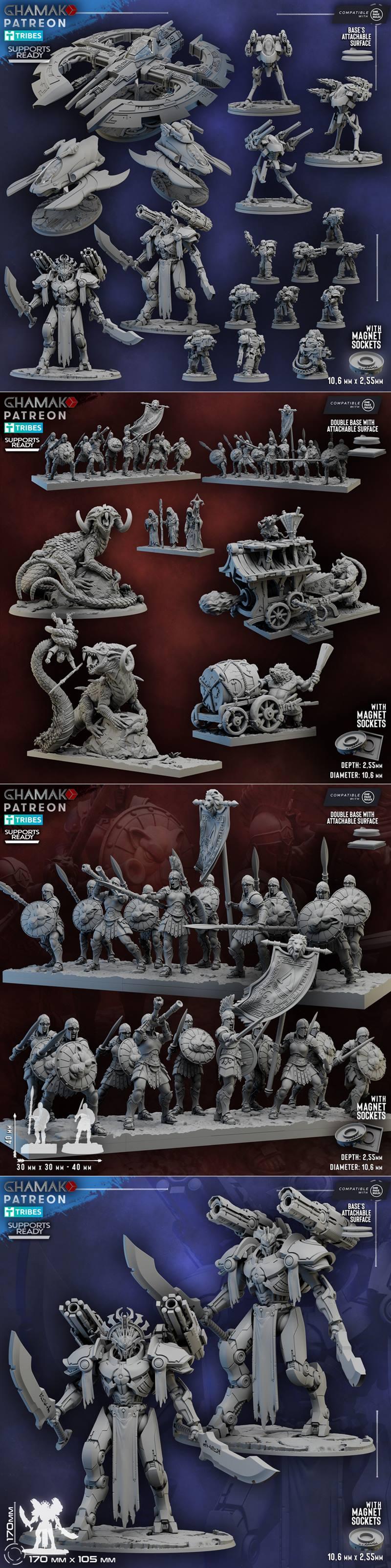 Collection of Ghamak 3D printable models: sci-fi mechs, futuristic vehicles, armored warriors, a serpentine monster,...