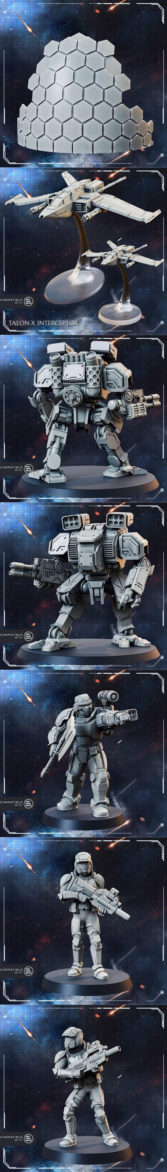 Sci-fi miniatures including Helnaut Riflemen squads, Warden Mechs, and Syndicate Overseers with a large energy shield...