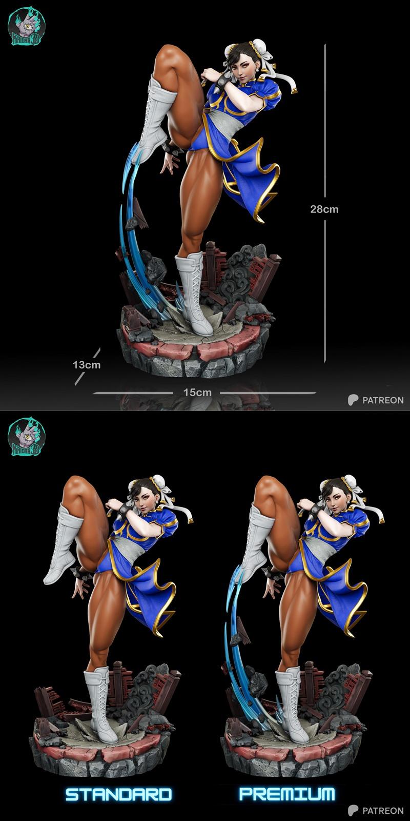 Chun-Li in a high-kicking pose, wearing a blue qipao and white boots, with debris and blue energy effects on the base...