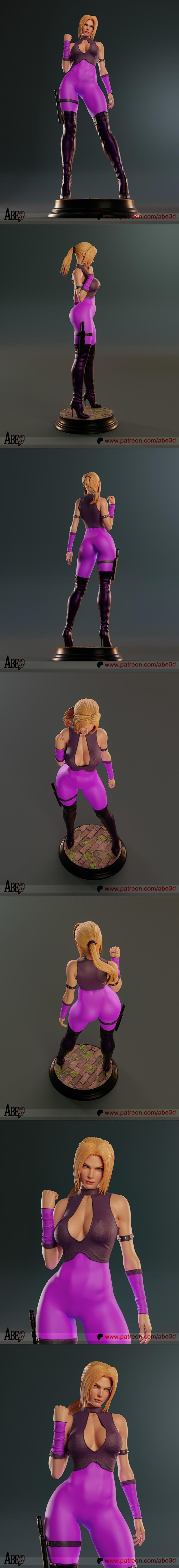 Nina Williams from Tekken, depicted as a 3D printable figure in a purple bodysuit and black thigh-high boots, standin...