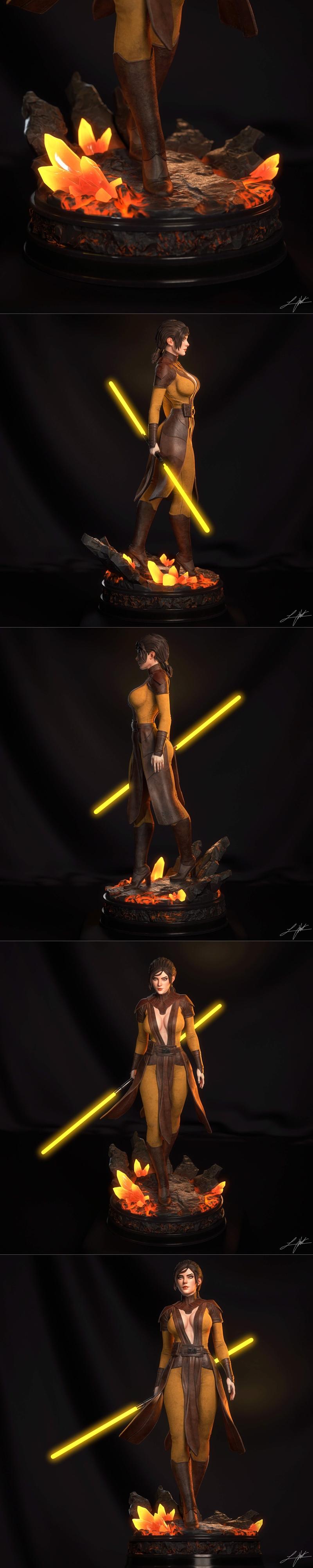 Bastila Shan from Star Wars, holding a yellow lightsaber, wearing a revealing Jedi outfit, standing on a rocky, cryst...