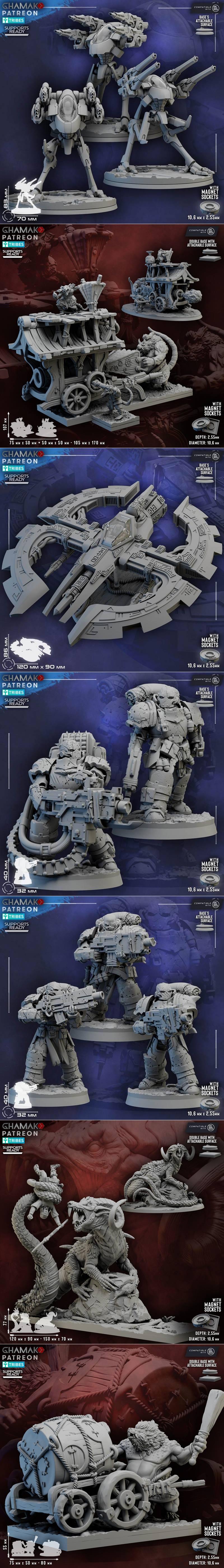 Collection of Ghamak 3D printable models: sci-fi mechs, futuristic vehicles, armored warriors, a serpentine monster,...