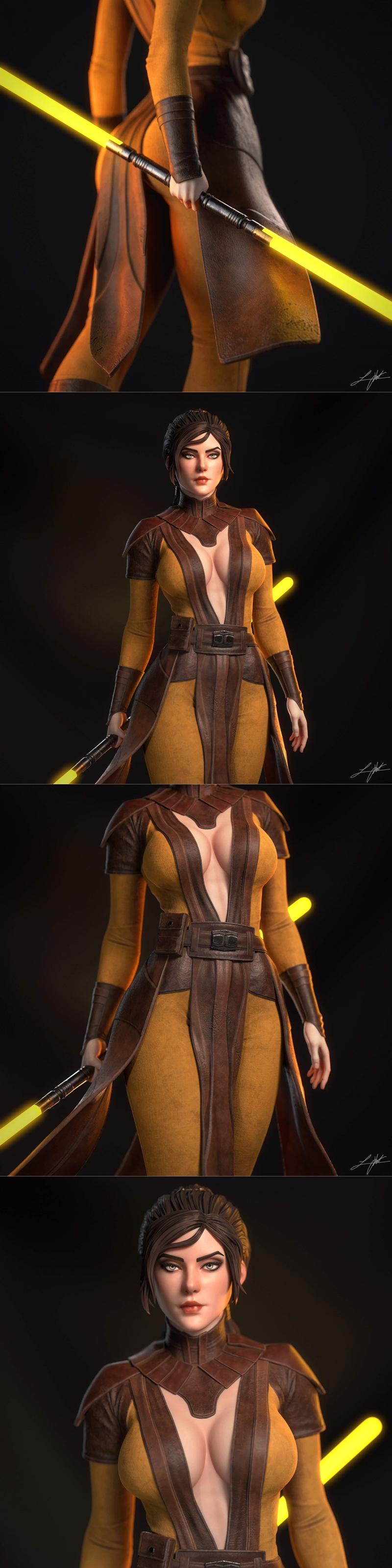 Bastila Shan from Star Wars, holding a yellow lightsaber, wearing a revealing Jedi outfit, standing on a rocky, cryst...
