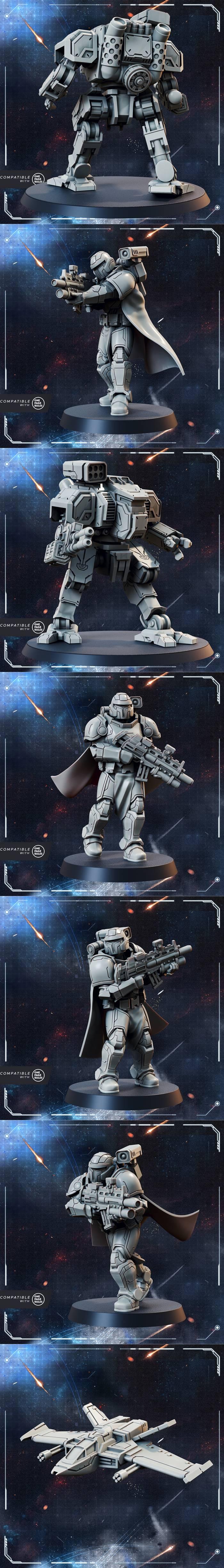 Sci-fi miniatures including Helnaut Riflemen squads, Warden Mechs, and Syndicate Overseers with a large energy shield...