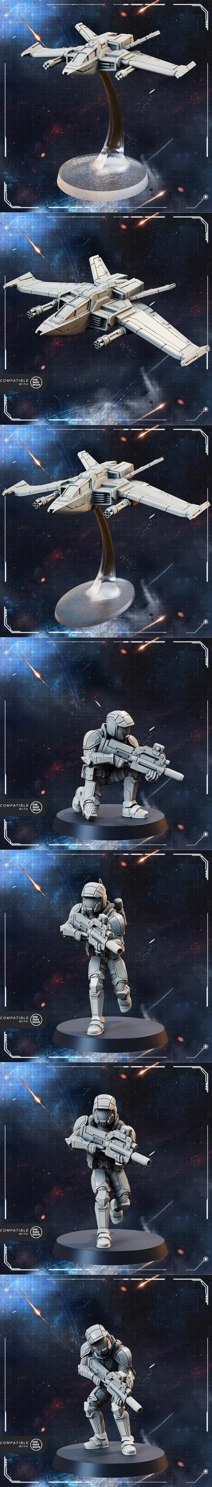 Sci-fi miniatures including Helnaut Riflemen squads, Warden Mechs, and Syndicate Overseers with a large energy shield...
