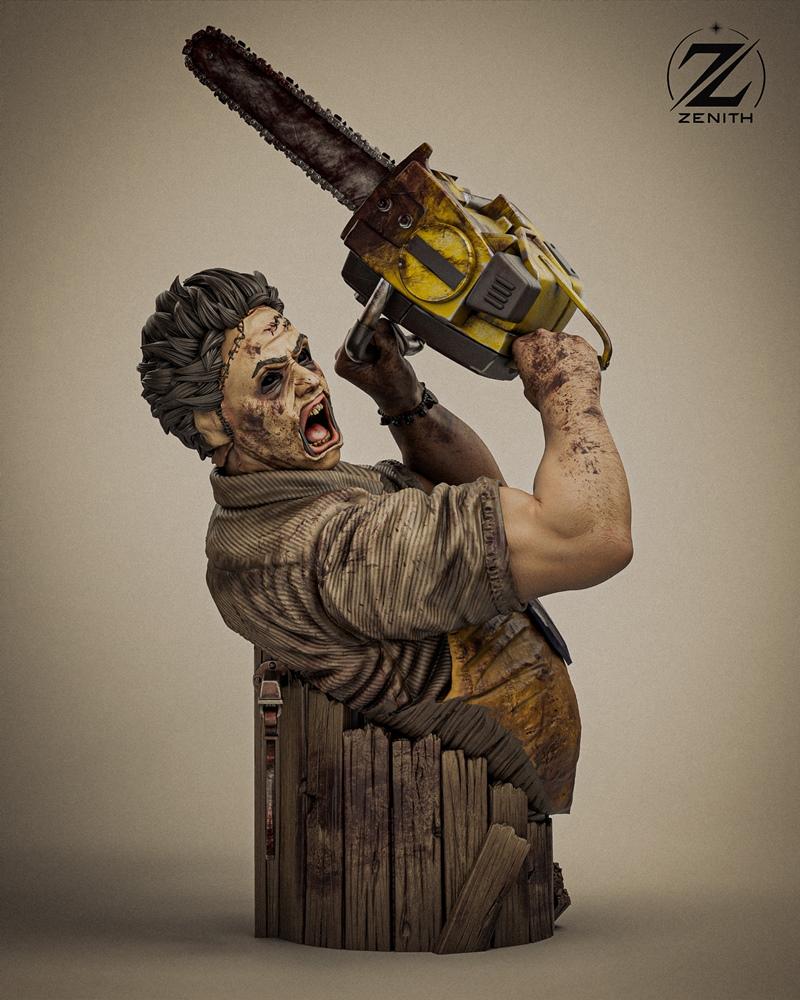 Leatherface bust with chainsaw raised, screaming, wearing a mask and apron, mounted on a wooden base.