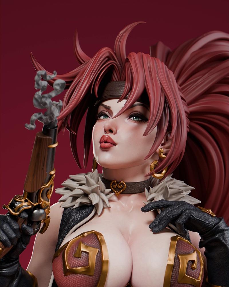 Red Monika from Battle Chasers, a female pirate with red hair, holding two pistols, wearing a revealing outfit and bo...