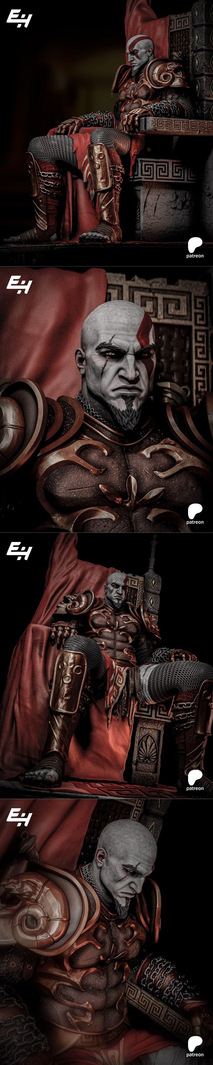 Kratos from God of War seated on an ornate throne, wearing detailed armor and chainmail, with a red cloak draped arou...