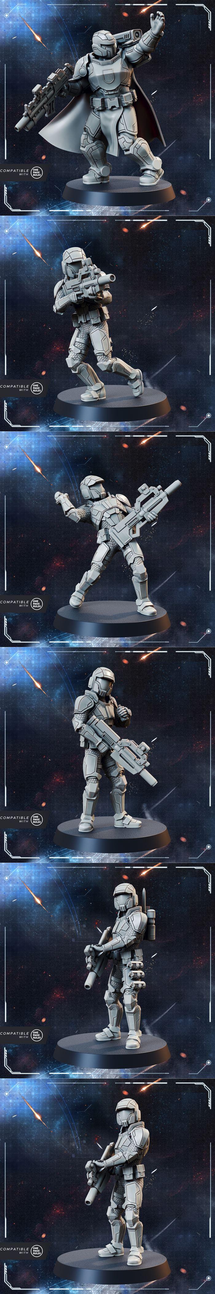 Sci-fi miniatures including Helnaut Riflemen squads, Warden Mechs, and Syndicate Overseers with a large energy shield...