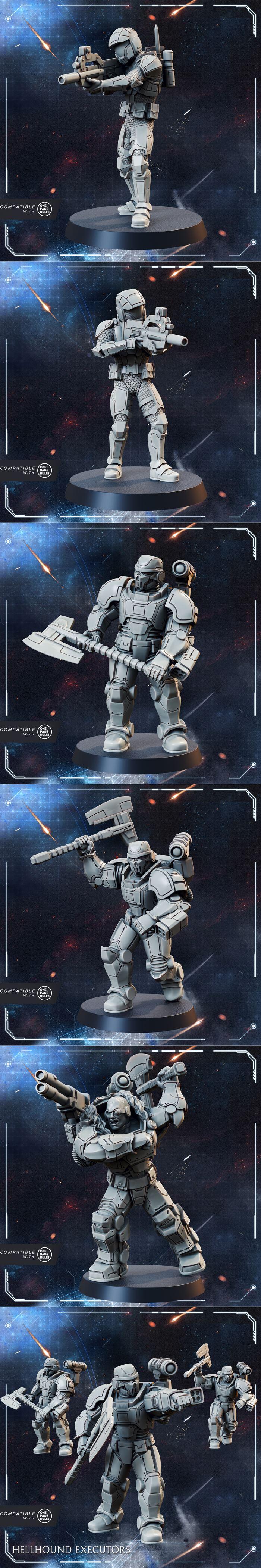 Sci-fi miniatures including Helnaut Riflemen squads, Warden Mechs, and Syndicate Overseers with a large energy shield...