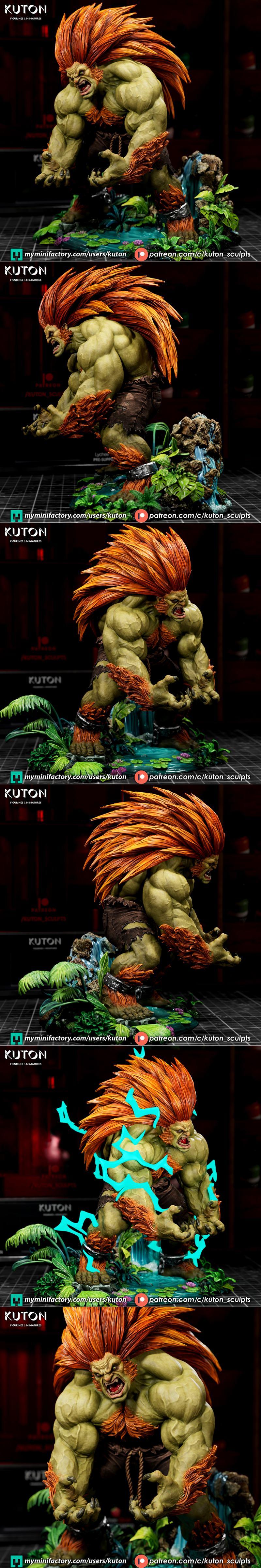 Muscular Blanka figure with wild orange hair, green skin, and electric effects, posed on a jungle base with a waterfall.