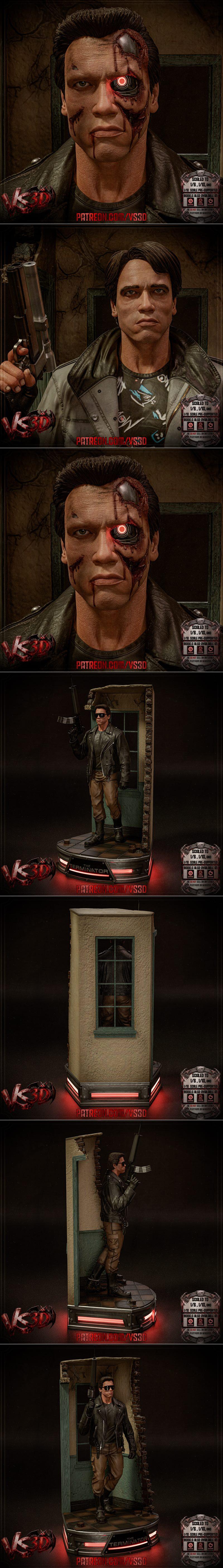 3D model of the T-800 Terminator from 1984, wearing a leather jacket and sunglasses, holding a rifle. Includes altern...