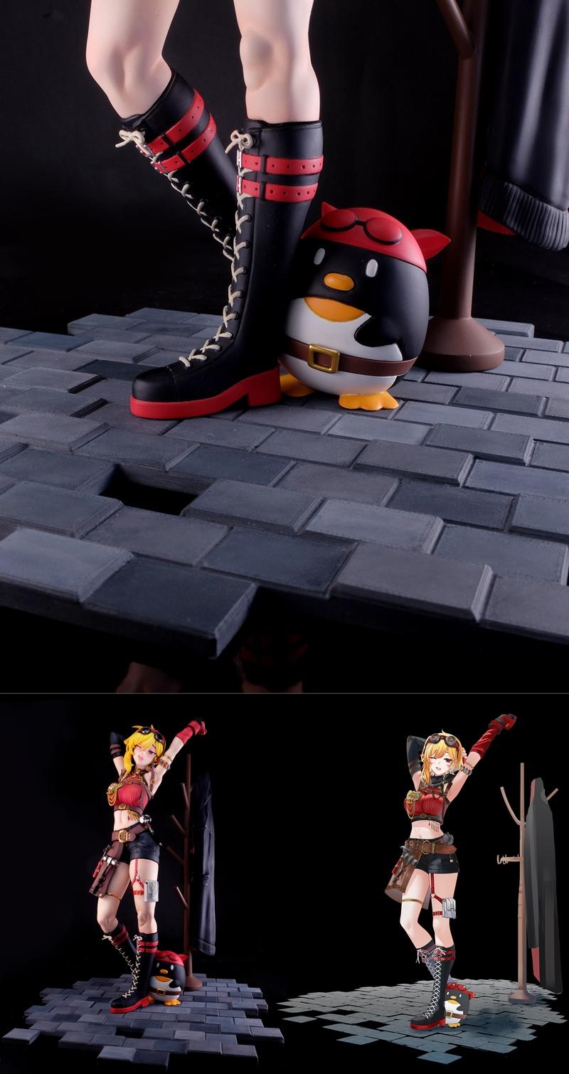Kaela Kovalskia 3D model with blonde hair, goggles, red top, black shorts, and thigh-high boots, striking a relaxed p...