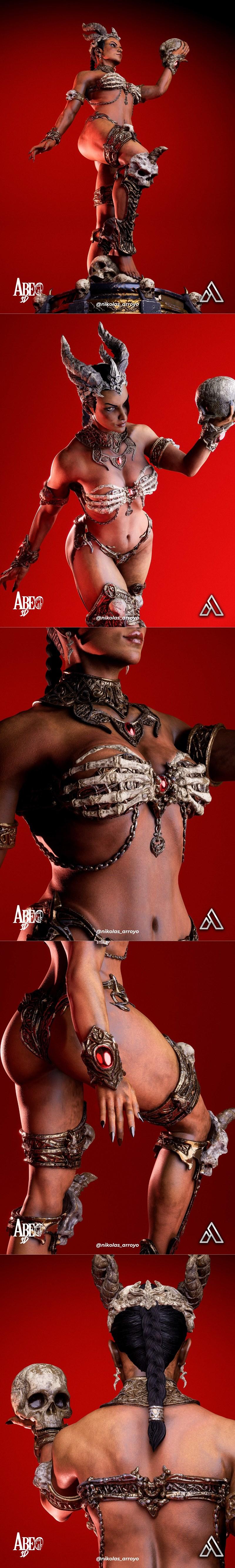 Queen of Damned 3D model with skeletal armor, horns, and a skull-adorned base.